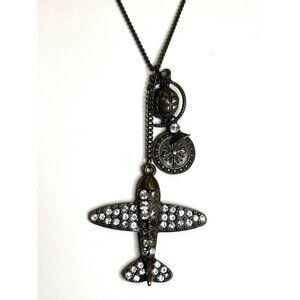 Vintage-Inspired Airplane Pendant Necklace With Globe & Compass Charms Rhineston